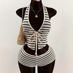 TEMU 2pcs 여성용 할터 넥 탑 및 반바지 세트, 파자마 아웃핏, 타이 디테일, V-넥, 기하학적 패턴, 올 시즌 라운지 웨어, 캐주얼 슬립웨어|V넥 탑| 패턴