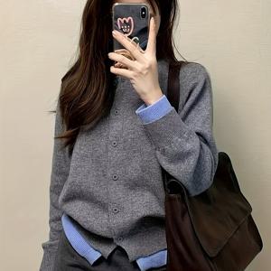 TEMU 대비 컬러 페이크 투피스 가디건, 여성용 오픈 프론트 스웨터 가을 겨울용, 일본 한국 스타일 투톤 스플라이스 탑, 캐주얼 싱글 브레스트 롱 슬리브 가디건|블라우스|가디건|옷