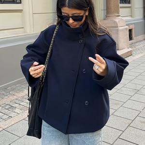 TEMU 여성용 캐주얼 우아한 스탠드 칼라 숏 재킷 - 네이비 블루 헤링본 트위드 버튼 프론트 가벼운 따뜻한 아우터웨어, 기계 세탁 가능 가을 겨울 코트