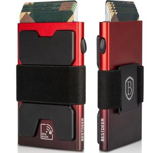 TEMU 남성용 초슬림 알루미늄 지갑 | 튼튼한 확장 가능한 백플레이트 • Rfid 차단 금속 지갑, 12개 이상의 카드 및 현금을 수용합니다. • 블랙-레드 그라데이션 탄성 스트랩 알루미늄 디자인