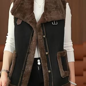 TEMU 여성용 빈티지 감성 브라운 모피 조끼 - 따뜻한 슬리브리스 아우터웨어, 대비 라펠 칼라, 가을/겨울 캐주얼 웨어용, 캐주얼 웨어 조끼|빈티지 감성 디자인|싱글브레스트 조끼