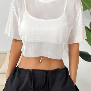 TEMU 여성용 캐주얼 세미시어 메쉬 티셔츠 - 통기성 루즈핏 라운드넥 크롭탑, 짧은 소매 & 중간 신축성 봄 여름 패션 티, 기계세탁 가능|크롭티