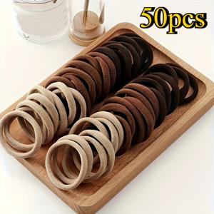 TEMU 스타일 헤어 타이 50개 - 미끄럼 방지 탄성 머리띠와 반짝이는 투명 플라스틱 보관함, 10가지 색상 (블랙/베이지/다크 브라운/라이트 브라운/골드/레드/화이트/그레이/블랙) - 여성 및 청소년용 내구성 폴리에스터 헤어 액세서리 15세 이상