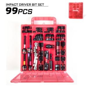 TEMU 대부분의 유럽 국가에 적합한 99개 임팩트 스크류드라이버 세트 - 레드 투명 플라스틱 박스 포함, 메트릭 65mm/6/8/10/11/13mm 소켓, 1/4-1/4