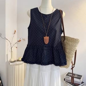 TEMU 여성용 네이비 블루 & 화이트 도트 민소매 드레스 셔츠 재킷 - 여름용 러플 트림 , 라운드 넥 버튼 프론트 클로저, 비치 웨딩 & 캐주얼 아웃핏을 위한 한국 스타일 레이어드 탑 (세탁기 사용 가능)|나시원피스|민소매원피스|여름블라우스