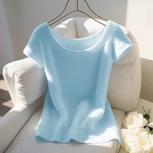 TEMU 여성용 우아한 리브드 슬림핏 반팔 탑 - 연청색 라운드넥 봄/여름 블라우스, 캐주얼 및 정장용 통기성 단색 셔츠, 스타일, 편안한 착용감, 세련된 오피스웨어