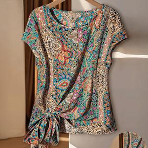 TEMU 여성용 트로피컬 프린트 민소매 비대칭 밑단 셔츠 - 라운드 넥 앞면 묶음 캐주얼 휴가 상의, 기계 세탁 가능 가벼운 여름 블라우스, 해변 및 리조트 착용, 봄 패션, 통기성 원단, 트렌디한 여성용 탑