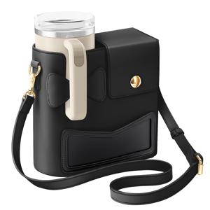 TEMU 여성용 크로스바디 컵 홀더 백 - 조절 가능한 스트랩, 핸즈프리 텀블러 캐리어 파우치, 골드 톤 하드웨어, 여행/체육관/출근용 컴팩트 음료 가방 - 여성 선물 추천 (크리스마스, 어머니날, 발렌타인데이) - 블랙, 보우 장식, 안전한 지퍼 클로저, 일상 필수품, 스타일리시 액세서리, 내구성 있는 디자인, 휴가 선물