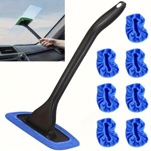 TEMU 9개 윈드쉴드 클리닝 키트 - 재사용 가능한 천 패드 8개, 차량 내부 창문 클리닝 스틱, 차량 와이퍼 브러시 포함, 먼지 및 얼룩 제거 (블루), 배터리 없음