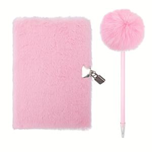 TEMU 1/2 핑크 플러시 하드커버 다이어리, A5 사이즈, 소프트 커버 노트북, 학교용 캘린더 노트패드, 라운드 볼펜 포함|다이어리