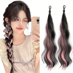TEMU 2개 여성용 옴브레 컬러 변환 포니테일 가발, 바디 웨이브 텍스처 - 멀티 컬러 (핑크, 보라, 브라운, 레드, 그린, 골든, 청록색)