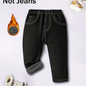 TEMU 소녀 & 소년용 모조 데님 멜빵바지 - 겨울용 보온 두꺼운 팬츠, 포켓 디자인, 슬림핏, 추운 날씨용, 손세탁 가능한 작업복 (놀이데이트 & 야외용), 야외 활동에 완벽|청바지