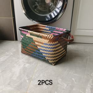 TEMU 2pcs 수제 보관 바구니, 침실 욕실 자동차 잡다한 물건을 위한 대형 직조 정리함, 노르딕 스타일, 플라스틱 재질, 열린 커버 유형, 선반 바구니, 선반 바구니