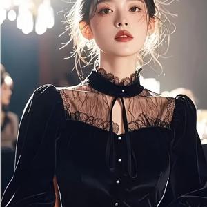 TEMU 여성용 우아한 프렌치 스타일 블랙 레이스 블라우스 - 긴 소매 반투명 탑, 스탠드 칼라, 세탁기 사용 가능, 가을/겨울 필수 아이템, 드레스 또는 청바지와 함께 - 여성 패션 (레디투웨어 컬렉션)|여성원피스|드레스|여성블라우스