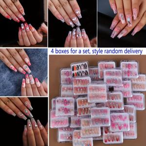 TEMU 48개입 중간 사이즈 코핀 프레스온 네일 - 하트 & 플로럴 디자인 오브레 글라스 아크릴 스톤 장식, 일본 & 한국 스타일 여성용 네일아트, 내구성 있는 누들 네일 , 뷰티 액세서리