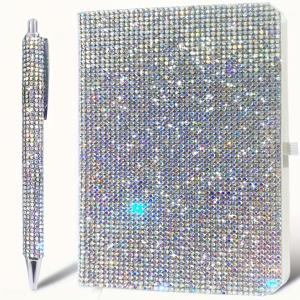 TEMU A6 스티커가 달린 반짝이는 PU 비즈니스 노트북, 로 장식된 프레스팁 볼펜, 다이어리 및 포켓 노트용. 매달린 필통에 부착된 북마크 리본 포함, 노트 작성,일일 플래너,우아한 문구류,내구성 있는 커버,고품질 제본,프레스 펜,전문가,작가들|필통