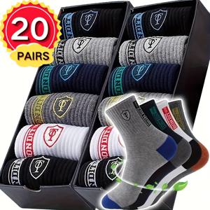 TEMU 남성용 사계절 운동 양말 20켤레 - 두꺼운 보온 통기성 높은 신축성 러닝 양말, 패션 레터링 디자인, 야외 스포츠 및 캐주얼 착용용 컬러 세트, 트렌디한 디자인, 편안한 착용감, 체육관 애호가를 위한|스포츠|패션