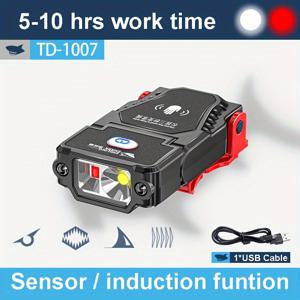 TEMU 1pc 미소하는 상어 초밝은 소형 손전등, 미니 핸즈프리 LED 캡 라이트, 충전식 모자 라이트 손전등, 운동/센서 헤드라이트 토치라이트, 낚시, 캠핑, 작업, 야구 모자용 경고 조명 포함