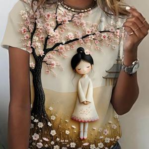 TEMU 여성용 사쿠라 & 귀여운 고양이 프린트 티셔츠 - 일본풍 벚꽃 디자인, 부드러운 라운드넥 캐주얼 상의, 세탁기 사용 가능 사계절 편안한 데일리웨어, 루즈핏 티, 생동감 넘치는 프린트 품질