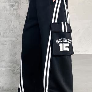 TEMU 남아 캐주얼 카고 팬츠, 포켓 포함 - 블랙 앤 화이트 레그 루즈핏 와이드 레그 팬츠, 기하학 문자 프린트, 어린이용 올시즌 편안함, 남아 팬츠, 스트레치되지 않은 원단, 야외용