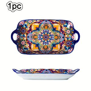 TEMU 1개 대형 13인치 스타일 핸들 달린 직사각형 서빙 플레이트, 수시, , 해산물, 케이크, 과일용 세라믹 디저트 접시, 생선 찜 요리용 바보 스타일 서빙 접시