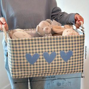 TEMU 심장 자수가 있는 대형 캔버스 보관 바구니 - 옷, 장난감, 등에 적합한 다용도 정리함 - 내구성이 뛰어난 파란색과 흰색 체크무늬 디자인과 손잡이가 있는 세탁 바구니, 선반 바구니|빨래바구니