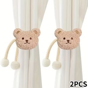 TEMU 2개 귀여운 플러시 베어 커튼 타이백 - 모기장용 진주 스냅이 있는 부드러운 폴리에스터 장식 홀더, 창문 장식 및 홈 데코, 클래식 스타일, 창문 커튼 타이백, 창문 처리 액세서리, 재미있는 디자인, 내구성 있는 원단