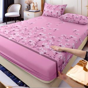 TEMU 3pcs 세트 핑크 인조 옥 이끼 장미 침구세트/2개 베갯잉/1개 매트리스커버/침실용 트윈/킹/퀸 - 베이지 & 연한 베이지, 관리 쉬움, 탄력 있는 착용감, 사계절 사용 가능