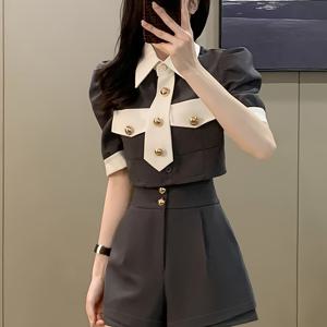 TEMU 여성의 우아한 두 조각 사무실 스ूट - 블랙 & 화이트 버튼업 , 퍼프 슬리브, 하이웨이스트 반바지, 봄/가을에 완벽한, 캐주얼에서 공식적인 옷, 캐주얼 사무실 옷 | 스타일리시 버튼업 | 폴리에스터 원단