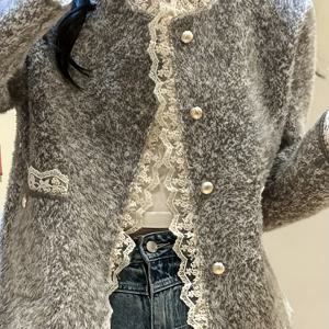 TEMU 여성을 위한 우아한 프랑스식 라운드 넥 레이스 가디건 - 세련된 긴 소매, 버튼 업 프론트, 회색과 대비되는 레이스 디테일링, 봄과 가을에 완벽한 레이스 가디건