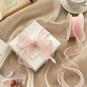 TEMU 우아한 진주 가장자리 새틴 리본 - 빈티지 스타일 소프트 핑크 선물 포장용, 내구성 있는 폴리에스터 크래프트 리본 (크리스마스, 추수감사절, 부활절, 할로윈 & 하누카 선물, 세련된 패키징, 진주 장식, 파티 데코, DIY 장식용)