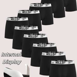 TEMU 10개 남성용 퀵드라이 복싱 쇼츠 - 헬로 텍스트가 있는 신축성 허리밴드, 비침투적 운동복 - 부직포 패키지 (10개입) - 복서 및 피트니스 애호가를 위한 이상적인 선물, 체육관 쇼츠, 스포츠 속옷, 현대적 허리밴드, 비침투적 원단, 평평한 코너 스타일, 편안한 착용감, 활동적인 라이프스타일