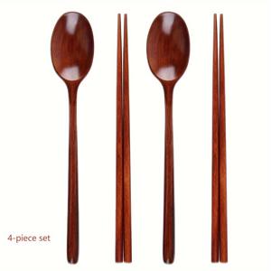 TEMU 4개 일본식 목재 식기 세트, 수제 나무 숟가락과 젓가락, 긴 손잡이 숟가락, 재사용 가능한 식기, 23.5cm/9.25인치, 먹는 것, 요리 및 혼합에 사용 - 고품질 주방 필수품