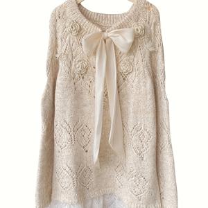 TEMU 여성용 레이스 트림 보우 타이 디테일 스웨터 - 루즈핏 라운드 넥 풀오버, 캐주얼 & 오피스웨어용 중간 신축성 봄/가을 탑, 귀여운 니트웨어, 전환 계절 의류, 중간 탄력 실, 가을 아웃핏, 손세탁 전용