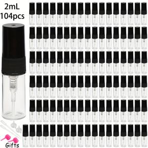 TEMU 2ml, 3ml, 5ml 사이즈의 고품질 투명 유리 향수병 블랙 아토마이저 세트 (104개입) - 및 샘플용 초미세 분무기, 여행 필수품 완벽한 리필 가능 유리 스프레이 병 + 무료 분할 도구 포함