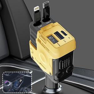 TEMU 4-in-1 메카 차량용 충전기, 66W 확장형 자동차 충전기, 31.5인치 접이식 케이블 + 듀얼 포트 USB-C/USB 호환 (아이폰/갤럭시 S23/S22/픽셀), 조절 가능한 플러그 디자인, 엉킴 방지 기능, 2.6ft Type-C & 아이폰 연장 케이블 및 두 개의 USB-C 어댑터 포함, 모든 차종에 적합