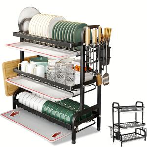 TEMU 1개 대형 주방 이층 보관대, 빠른 배수 다중 레이어 수납, 칼과 포크 홀더 포함, 식탁보드 거치대, 젖지 않는 테이블탑 - 멀티 기능 식기 정리대, 그릇 및 접시 등에 적합