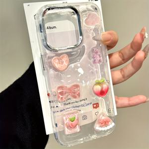 TEMU 귀여운 여름 복숭아 리본 하트 베어 패턴 에폭시 투명 폰 케이스 아이폰16 15 14 프로 맥스 호환 3D 소프트 커버 코리안 걸 쉘