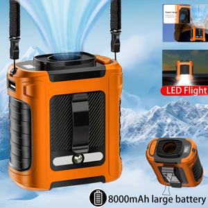 TEMU 신형 멀티 기능 휴대용 쿨링 클립 팬, LED 조명, 풍속 조절 가능 허리팬, USB 충전, 8000mAh 대용량 배터리, 착용 가능한 목걸이 및 허리 벨트 디자인, 야외/가정/사무실 사용에 적합