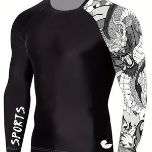 TEMU 남성용 긴팔 운동 셔츠 - 빠른 건조 흡습 통기성 원단, 드래곤 프린트 디자인, 타이트핏 서핑 및 헬스웨어, 사계절 착용 가능, 스포츠 앱, 대담한 그래픽, 편안한 핏, 활동복, 스포츠러버를 위한 탑