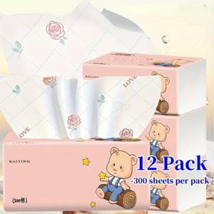 TEMU 3600장 귀여운 만화 곰 4층 슈퍼 소프트 티슈, 총 12팩, 가족 및 파티 사용에 매우 적합, 생일과 일상 청소에 완벽, 휴대하기 쉽습니다.