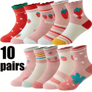 TEMU 10팩 '딸기 공주 양말 - 핑크 & 레드 러플 발목/종아리 길이, 딸기, 체리, 무당벌레 & 하트 패턴 - 부드러운 파스텔 컬러 (핑크, 화이트, 베이지, 그린) - 세탁기 사용 가능 양말
