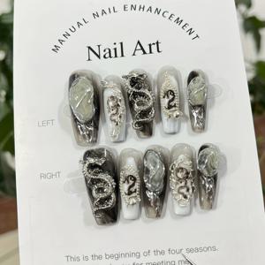 TEMU 10개 세트 핸드메이드 중국풍 3D 실버 드래곤 바로크 합성 보석 체인 네일 아트 트렌디 디자인