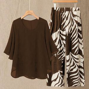TEMU 우아한 셔폰 블라우스 & 잎자르 프린트 팬츠 세트 - 여성용 스타일리시한 라운드 넥, 반팔, 하이웨이스트 아웃핏, 캐주얼 또는 사무실 착용에 적합, 다재다능한 패션 | 세련된 아웃핏 | 우아한 셔폰