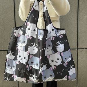 TEMU 대형 만화 고양이 토트백 - 내구성 있는 나일론 접이식 쇼핑 및 여행용 가방, 조절 가능한 어깨끈, 블랙색과 핑크 액센트, 휴일 및 일상 사용에 적합, 휴일 선물 가방 | 재미있는 디자인 | 튼튼한 손잡이 구조