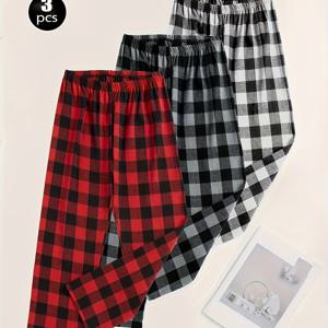 TEMU 남성용 체크무늬 파자마 팬츠 세트 3종, 캐주얼 스타일|여름잠옷