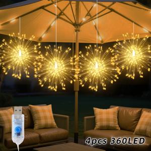 TEMU 180/360 LED 야외 걸이형 별 폭발 조명, USB 전원 요정 불꽃놀이 조명 (8가지 깜박임 모드), 파티오, 테라스, 가정, 결혼식, 크리스마스 장식용, 금속 재질, 버튼 제어, 배터리 불필요, 야외 조명 | 별 폭발 디자인