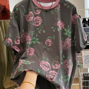 TEMU 여성용 플로럴 티셔츠 - 다크 그레이 핑크 장미, 라운드넥 반팔 블라우스, 비침 방지 원단, 일상 & 정장용, 세탁기 사용 가능 여성 상의, 여름 의류, 스타일리시 탑, 내구성 좋은 캐주얼 티셔츠, 봄 시즌 옷장, 우아한 블라우스, 통기성 좋은 꽃 프린트, 오피스웨어