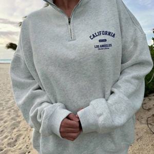 TEMU 여성용 캐주얼 '캘리포니아 로스 앤젤레스' 지퍼 업 스웨트셔츠 - 라이트 그레이, 긴 소매, 드로스트링이 있는 풀오버, 올 시즌 편안함, 비치 테마 디자인, 비치 의류 | 리라크스 핏 스웨트셔츠 | 지퍼 풀오버, 스웨터 후디