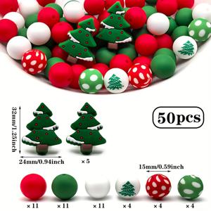 TEMU 32/50개 실리콘 비즈, 크리스마스 테마 혼합 스페이서 비즈, 핸드메이드 DIY 주얼리 만들기 및 파티 장식 선물용 키체인 제작에 적합